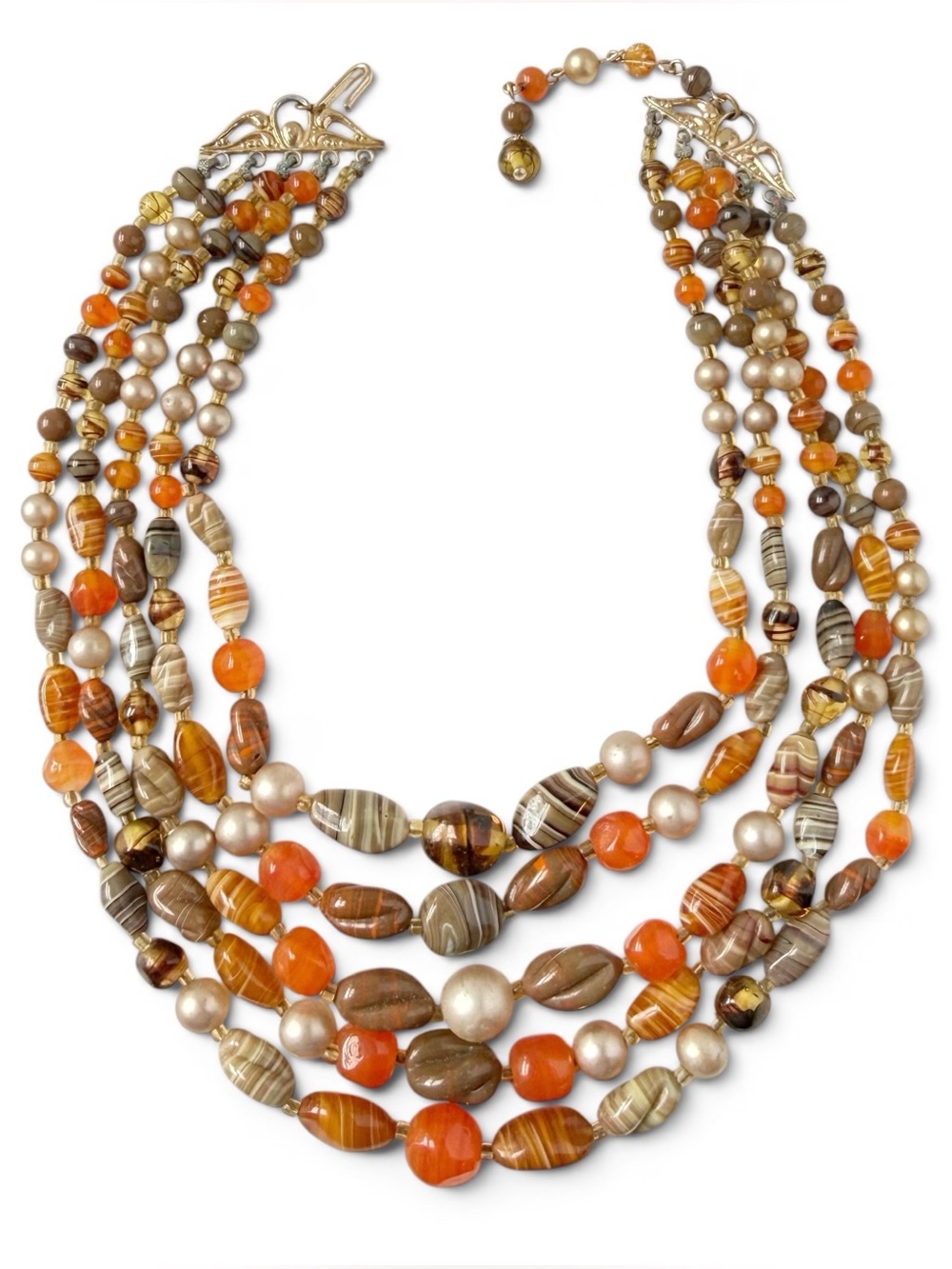 Vintage Retro Japan 5 Strand Orange Striped Glass Faux Pearl Layered Necklace